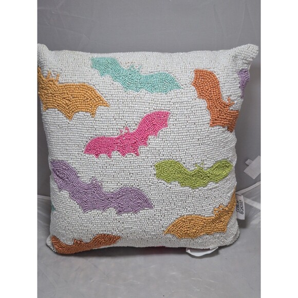 New Goblin & Ghoul Bat Beaded Throw Pillow Halloween Decor Pastel Bat Pink Bat - Picture 1 of 8